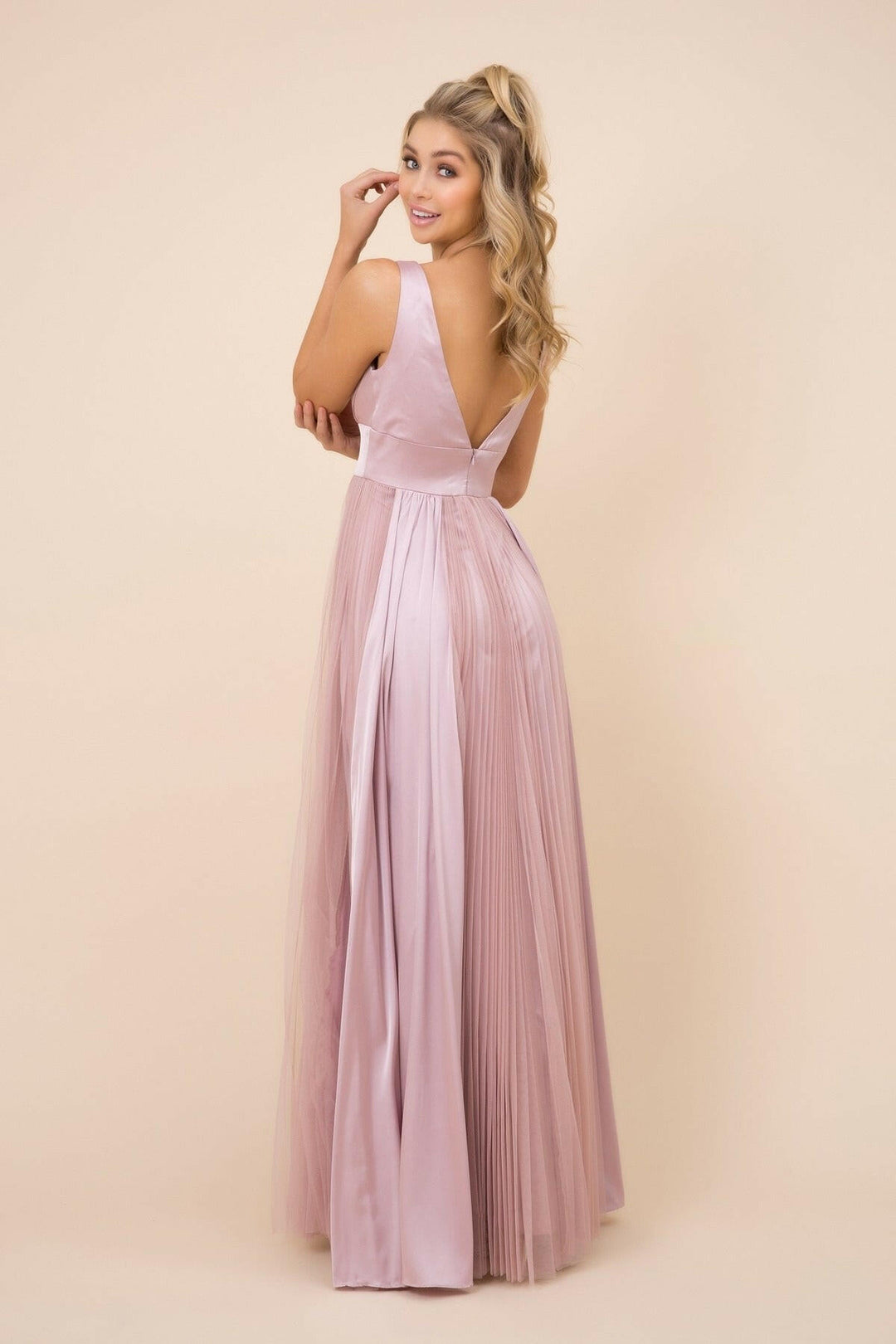 Sleeveless Pleated Open V-Back Long Bridesmaid Dress NXL340-2
