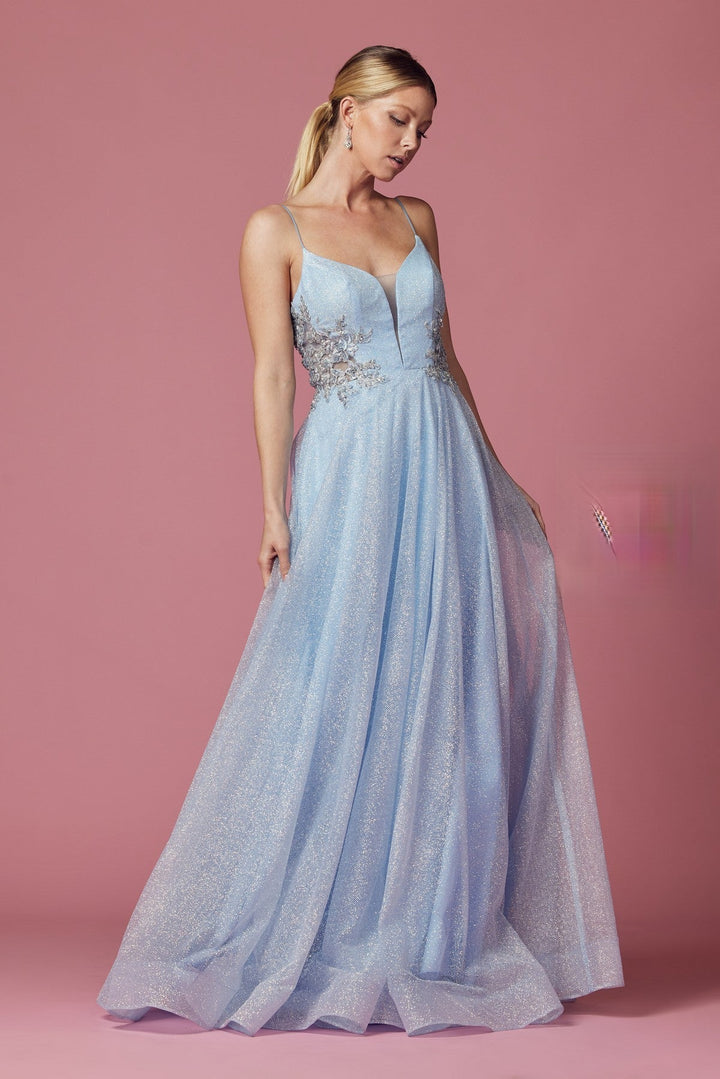 Embellished Glitter Illusion V-Neck Long Prom Dress NXT1033-1