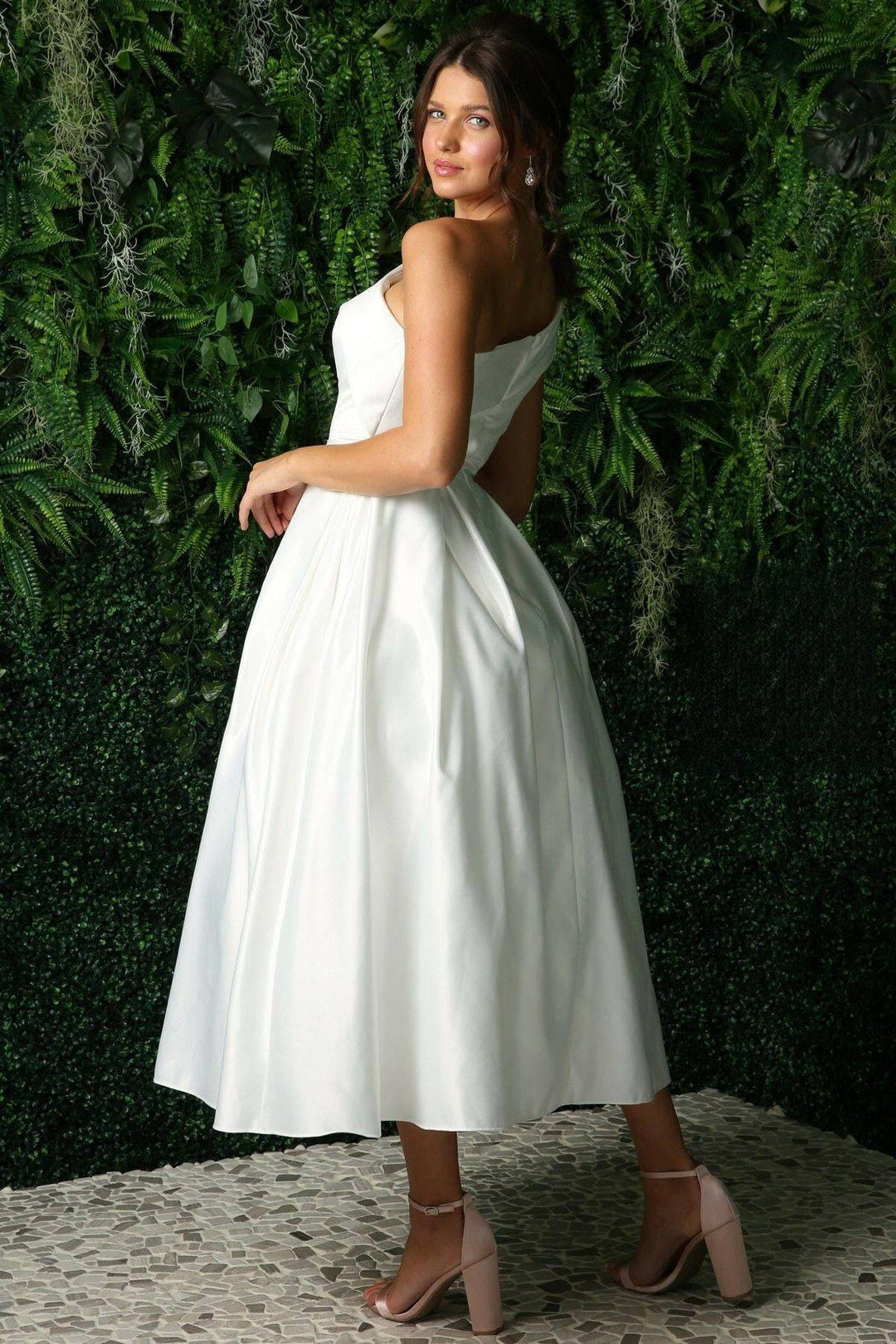 Open Back Strap Satin One Shoulder Midi Wedding Dress NXJE931W Sale-Shangri-La Fashion