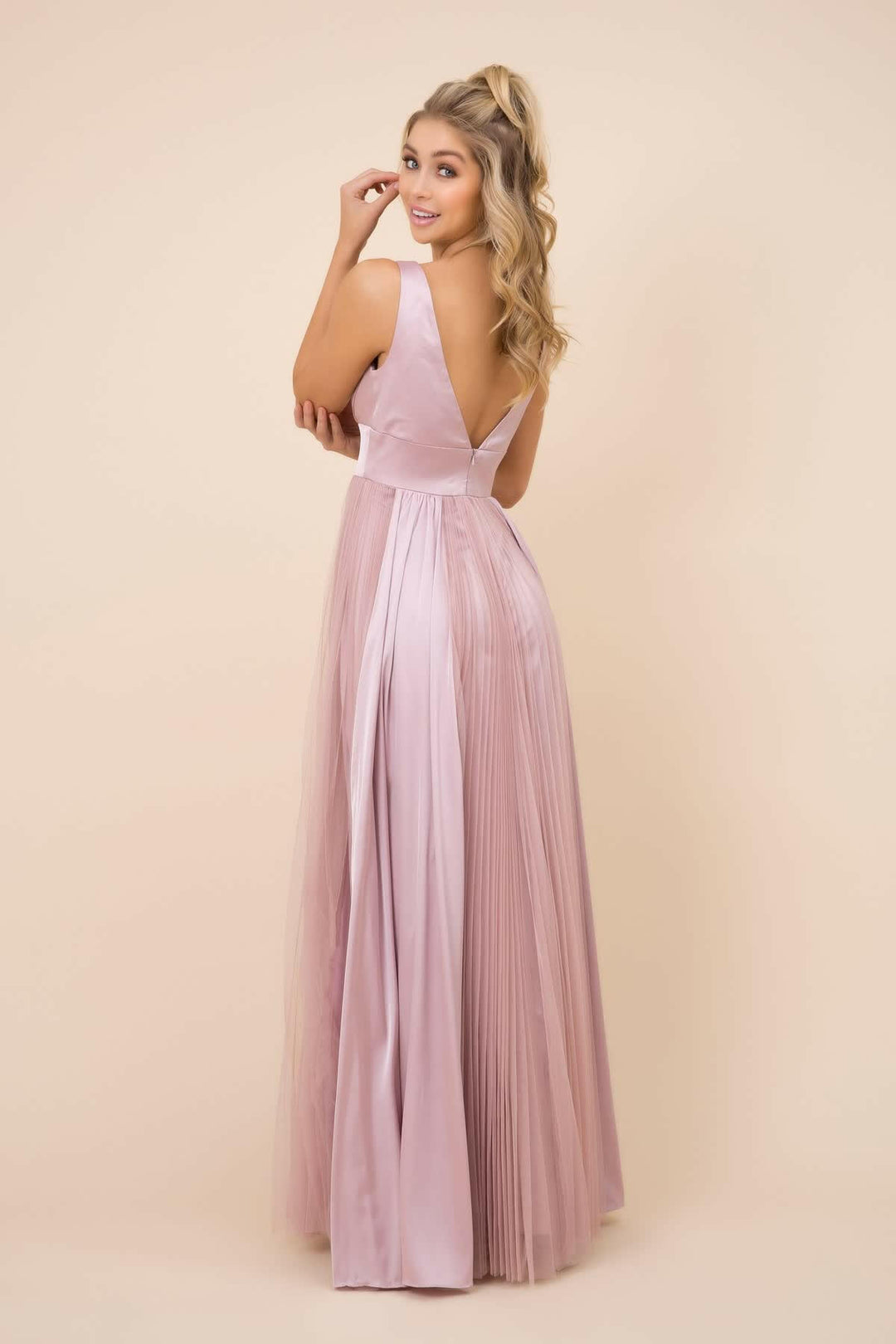 Sleeveless Pleated Open V-Back Long Bridesmaid Dress NXL340-3