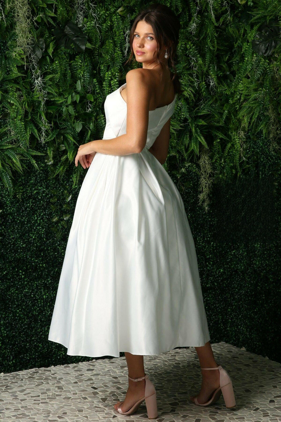 Open Back Strap Satin One Shoulder Midi Wedding Dress NXJE931W Sale-1