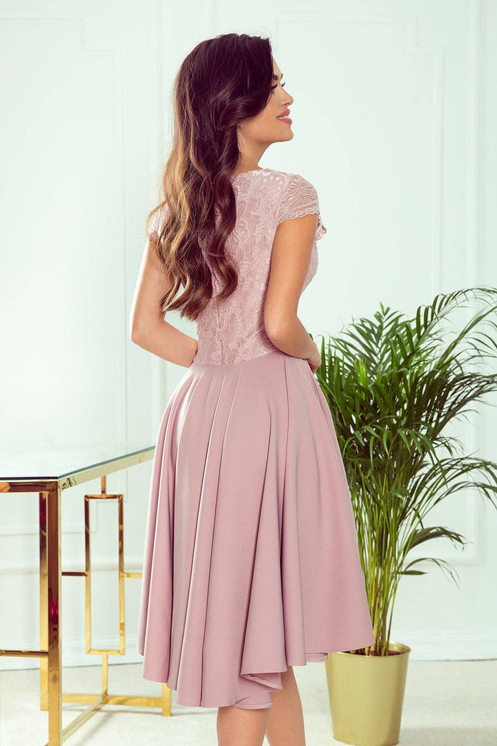 Numoco 300-1 PATRICIA - dress with longer back with lace neckline - powder pink-Shangri-La Fashion