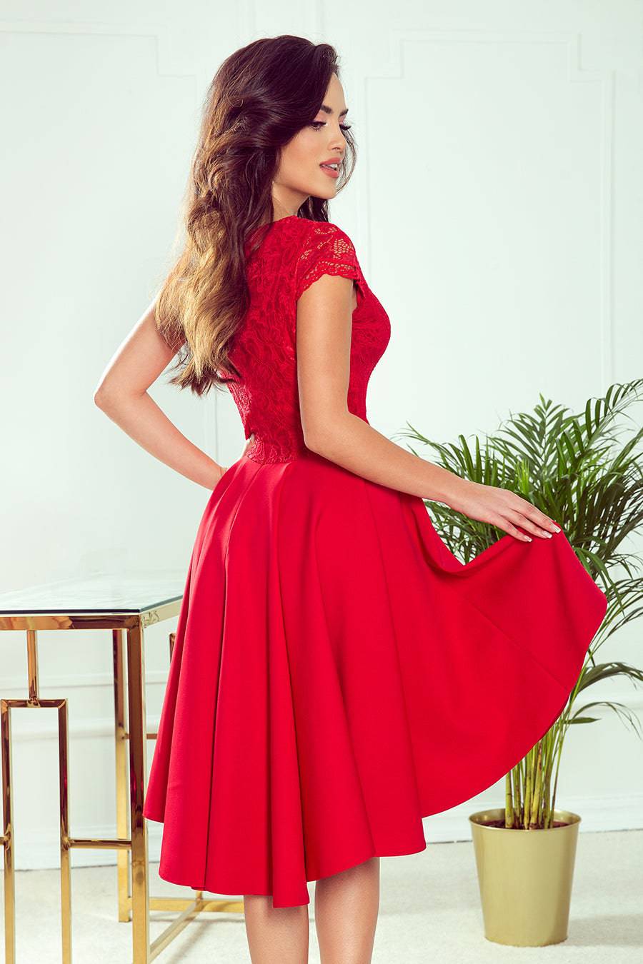 Numoco 300-2 PATRICIA - dress with longer back with lace neckline - Red-Shangri-La Fashion