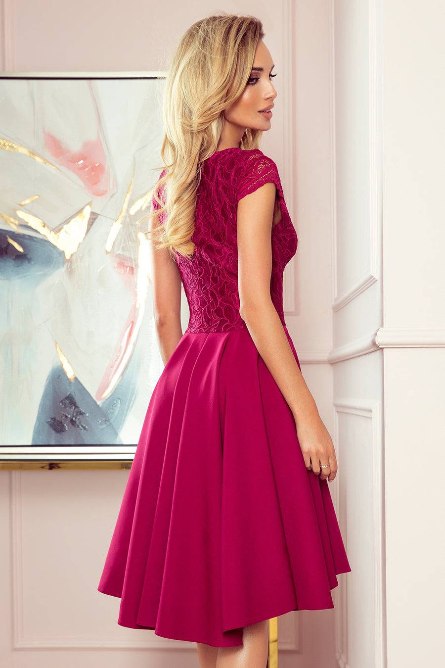 Numoco 300-4 PATRICIA - dress with longer back with lace neckline - Burgundy color-Shangri-La Fashion