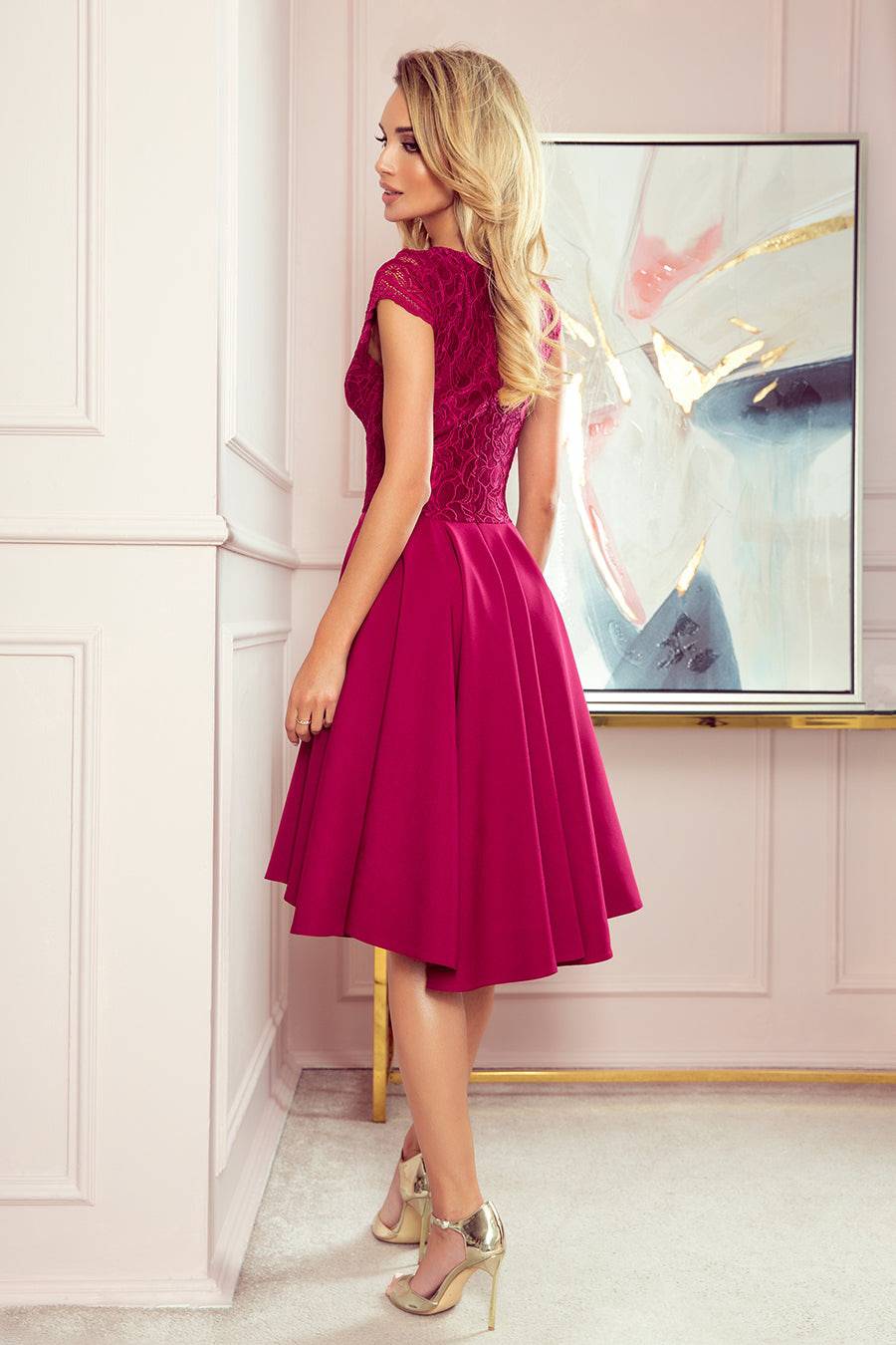 Numoco 300-4 PATRICIA - dress with longer back with lace neckline - Burgundy color-Shangri-La Fashion