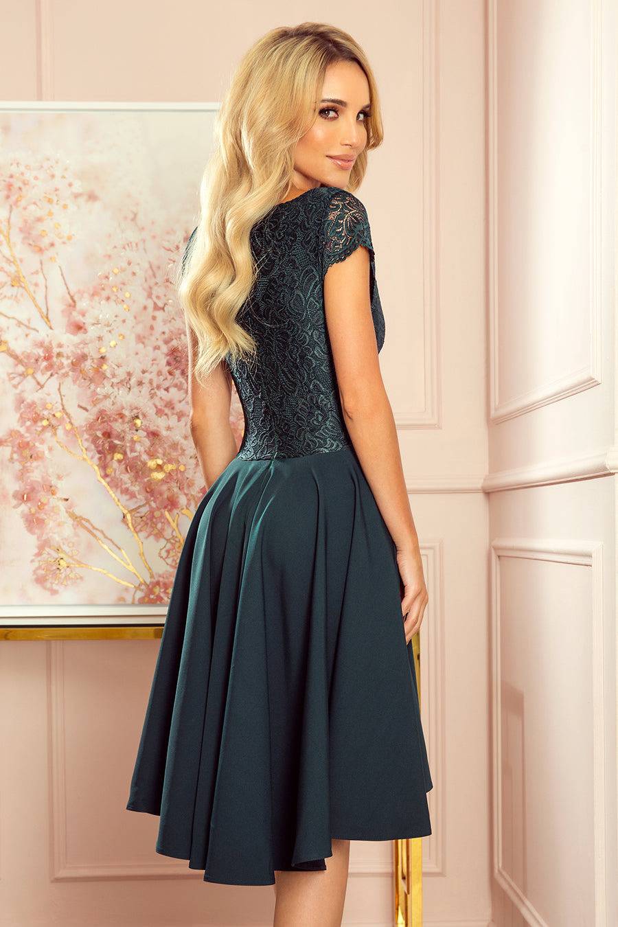 Numoco 300-5 PATRICIA - dress with longer back with lace neckline - green color-Shangri-La Fashion