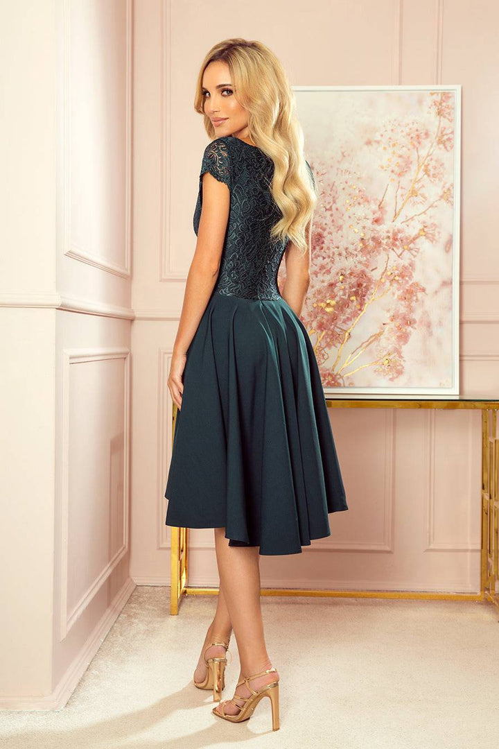 Numoco 300-5 PATRICIA - dress with longer back with lace neckline - green color-Shangri-La Fashion