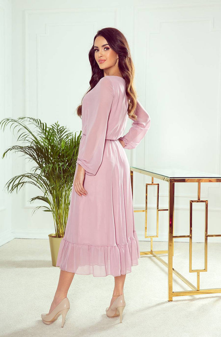 Numoco 304-1 Chiffon midi dress with a neckline and frill - dirty pink-Shangri-La Fashion