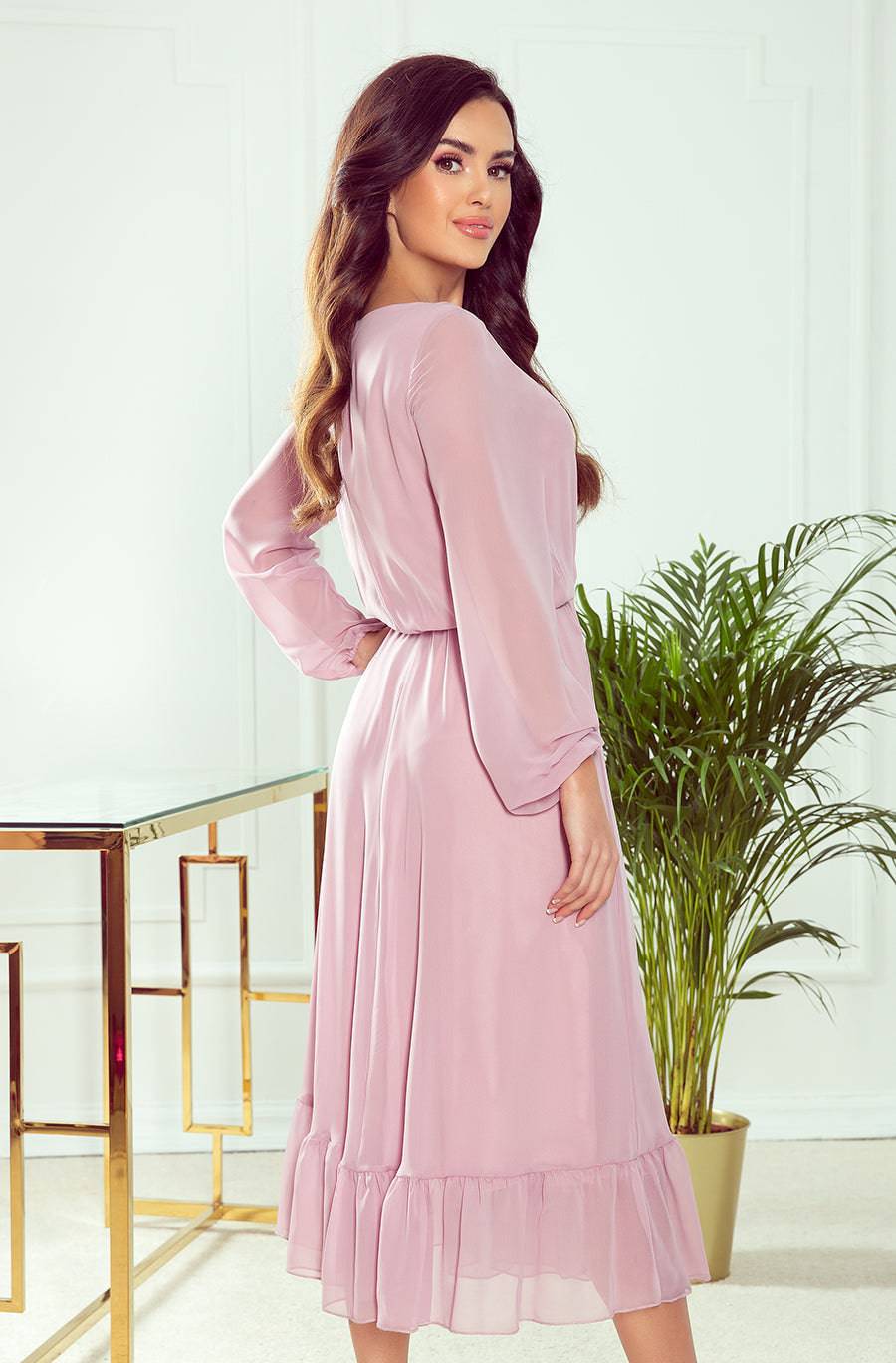 Numoco 304-1 Chiffon midi dress with a neckline and frill - dirty pink-Shangri-La Fashion