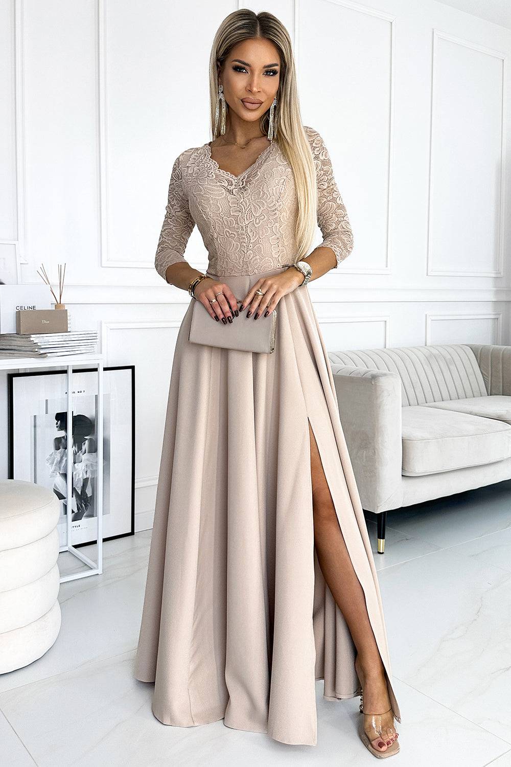 Numoco 309-10 AMBER lace, elegant long dress with a neckline and leg slit - beige-Shangri-La Fashion