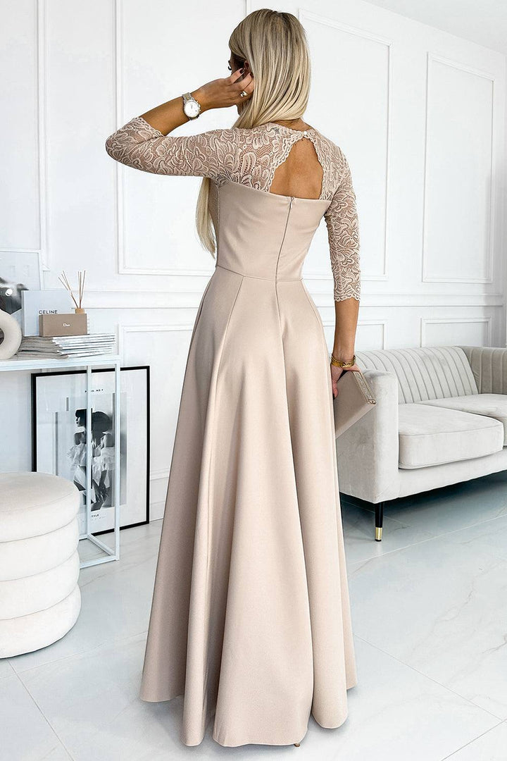 Numoco 309-10 AMBER lace, elegant long dress with a neckline and leg slit - beige-Shangri-La Fashion