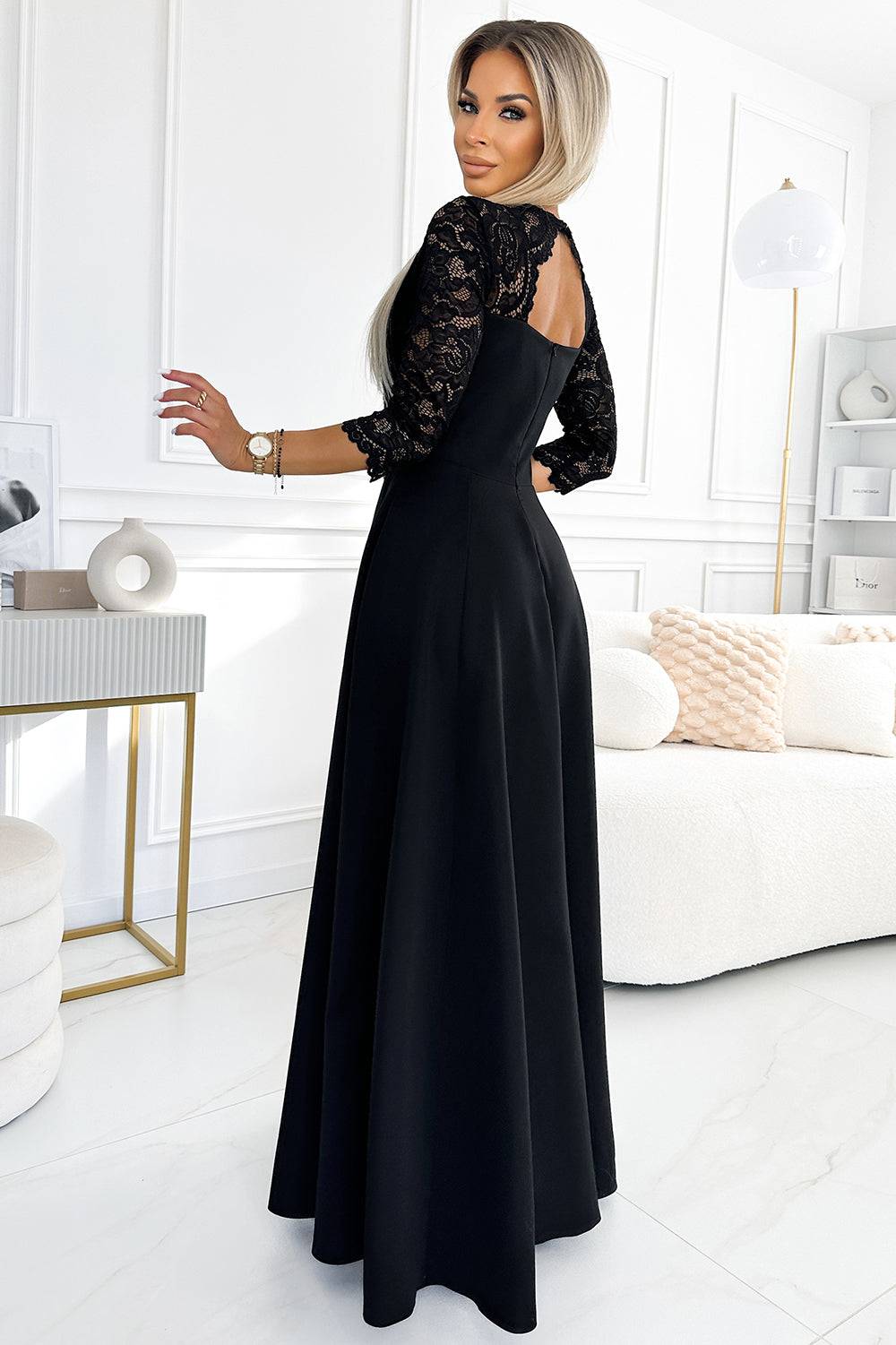 Numoco 309-11 AMBER lace, elegant long dress with a neckline and leg slit - black