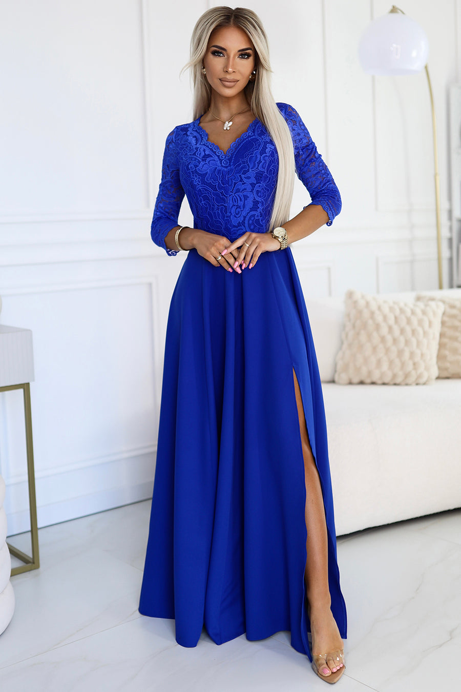 Numoco 309-12 AMBER elegant lace long dress with a neckline - Royal blue-0