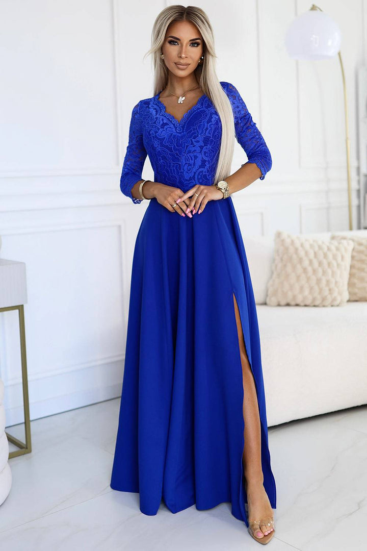 Numoco 309-12 AMBER elegant lace long dress with a neckline - Royal blue-Shangri-La Fashion