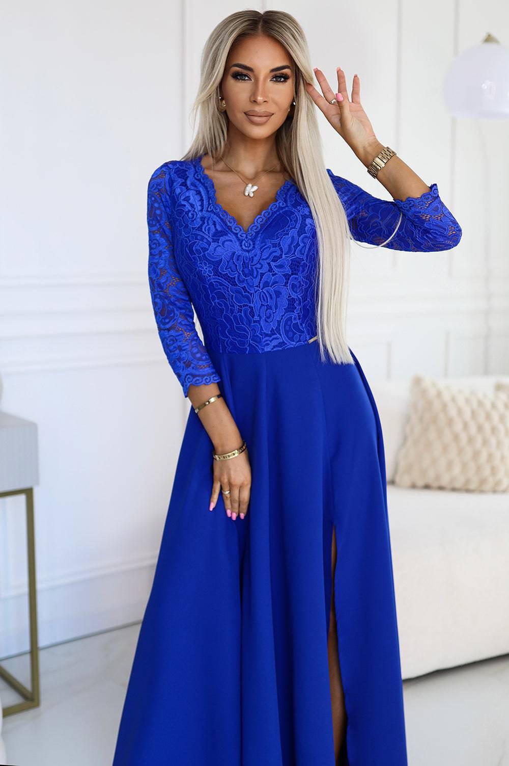 Numoco 309-12 AMBER elegant lace long dress with a neckline - Royal blue-Shangri-La Fashion