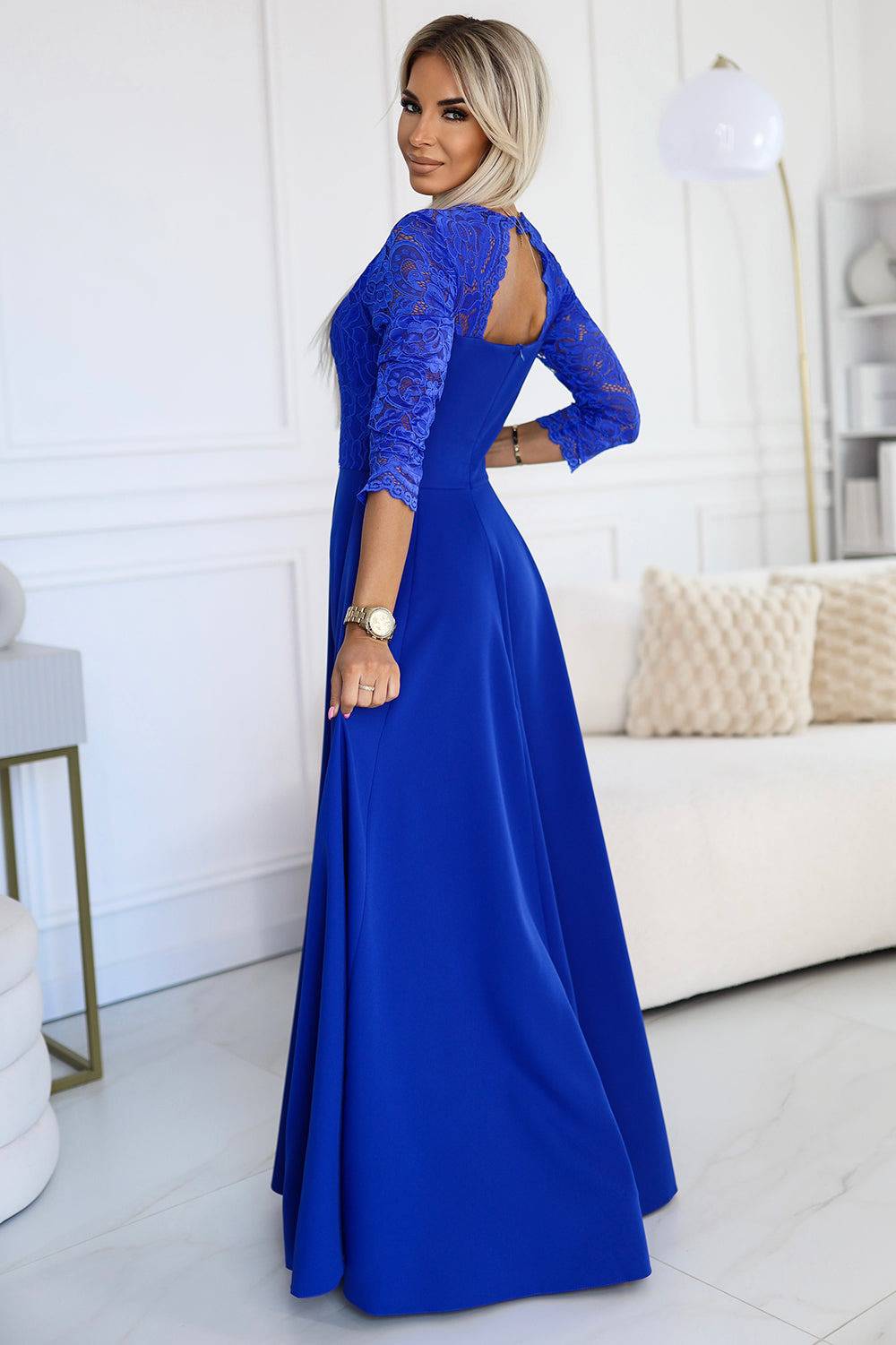 Numoco 309-12 AMBER elegant lace long dress with a neckline - Royal blue-Shangri-La Fashion