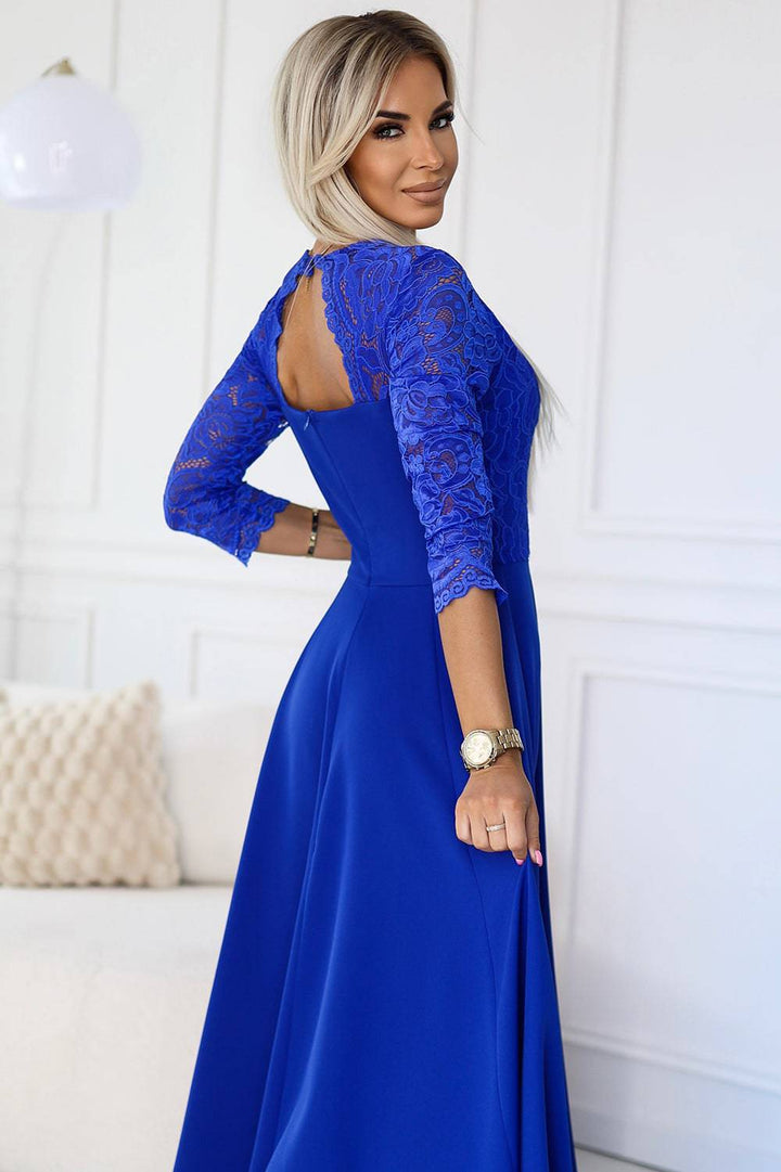 Numoco 309-12 AMBER elegant lace long dress with a neckline - Royal blue-Shangri-La Fashion