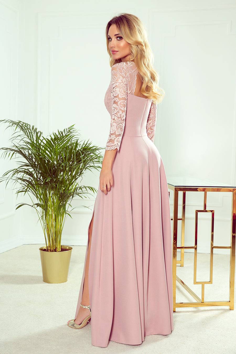 Numoco 309-4 AMBER elegant lace long dress with a neckline - dirty pink-Shangri-La Fashion