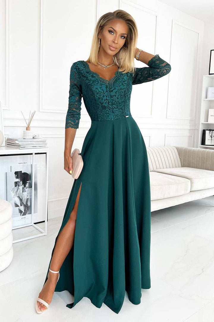 Numoco 309-5 AMBER elegant lace long dress with a neckline - green-Shangri-La Fashion