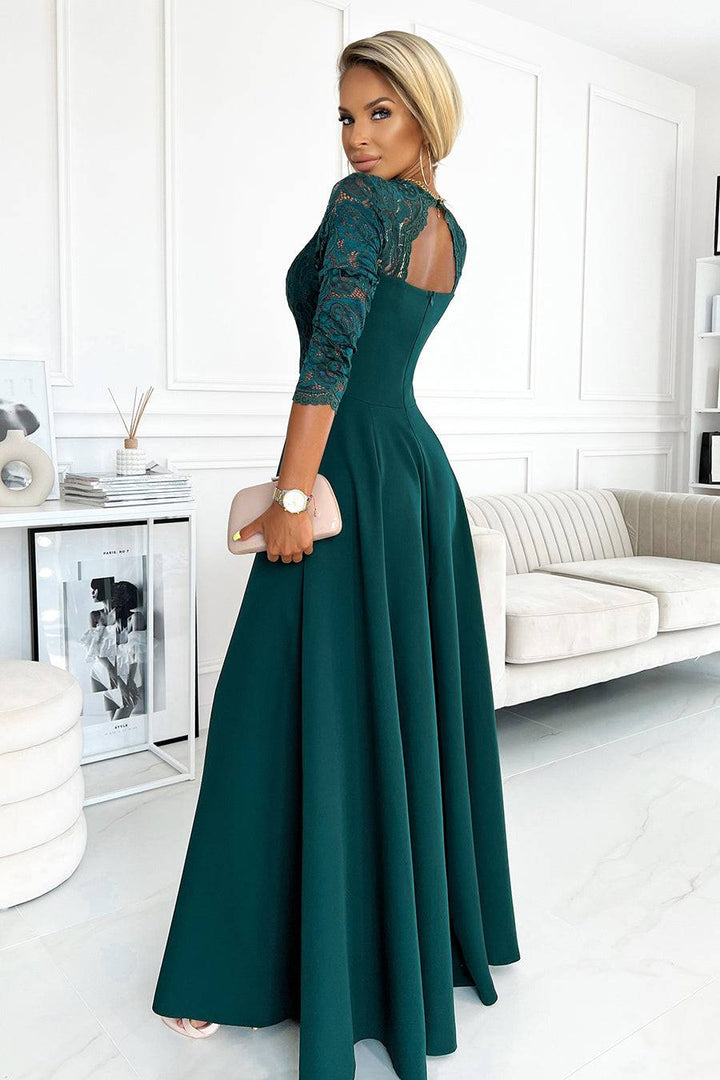 Numoco 309-5 AMBER elegant lace long dress with a neckline - green-Shangri-La Fashion