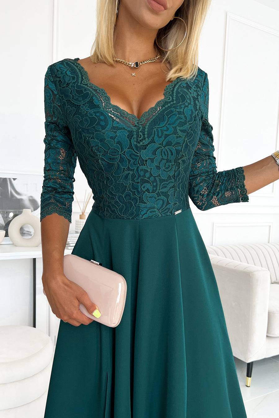 Numoco 309-5 AMBER elegant lace long dress with a neckline - green-Shangri-La Fashion