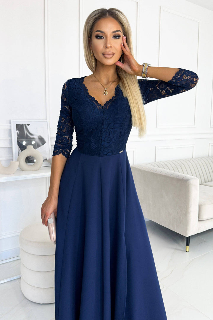 Numoco 309-6 AMBER elegant lace long dress with a neckline - navy blue-Shangri-La Fashion