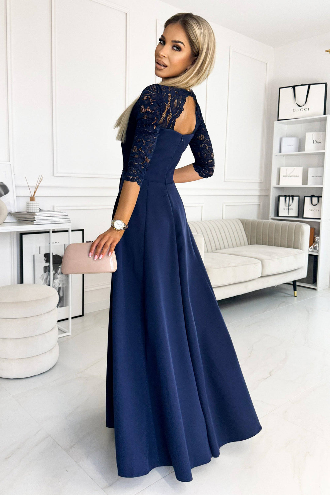 Numoco 309-6 AMBER elegant lace long dress with a neckline - navy blue-Shangri-La Fashion