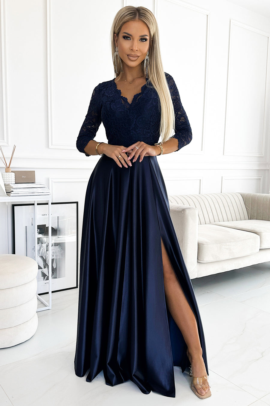 Numoco 309-7 AMBER lace long satin dress with a neckline - dark blue-0