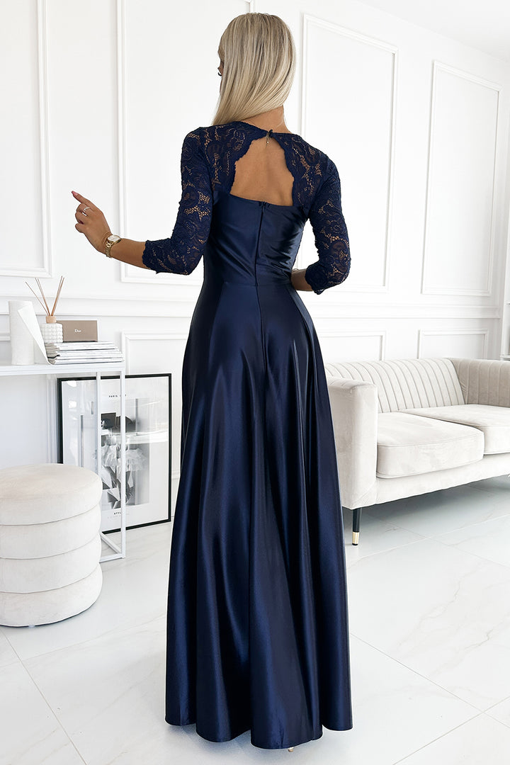 Numoco 309-7 AMBER lace long satin dress with a neckline - dark blue-1