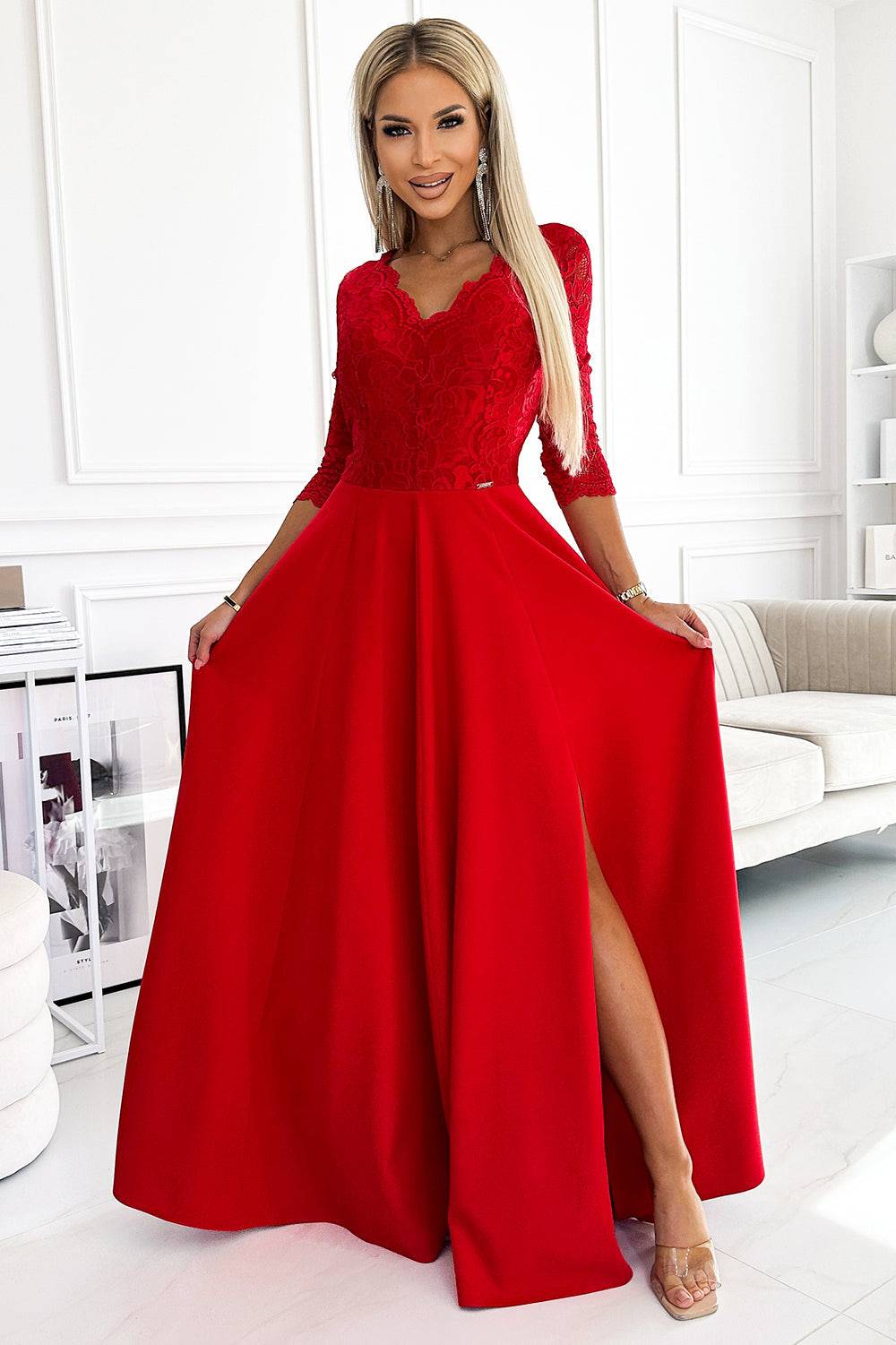 Numoco 309-8 AMBER lace, elegant long dress with a neckline and leg slit - red-Shangri-La Fashion