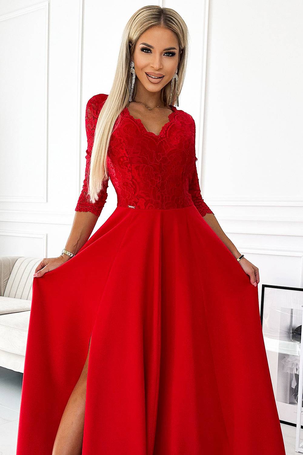 Numoco 309-8 AMBER lace, elegant long dress with a neckline and leg slit - red-Shangri-La Fashion