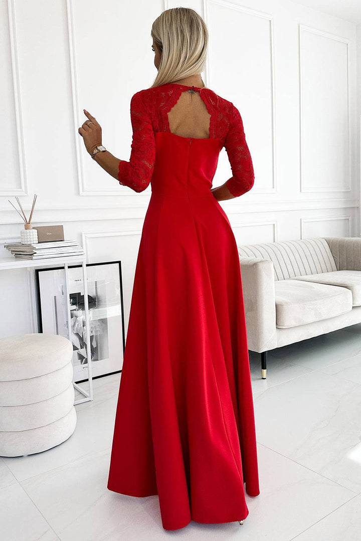 Numoco 309-8 AMBER lace, elegant long dress with a neckline and leg slit - red-Shangri-La Fashion