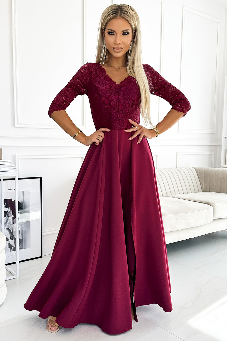 Numoco 309-9 AMBER elegant long maxi dress with lace neckline - burgundy-0