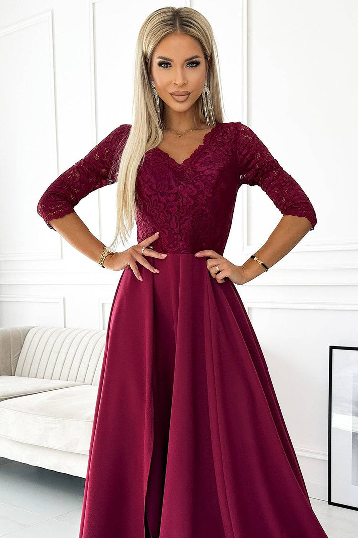 Numoco 309-9 AMBER elegant long maxi dress with lace neckline - burgundy-Shangri-La Fashion