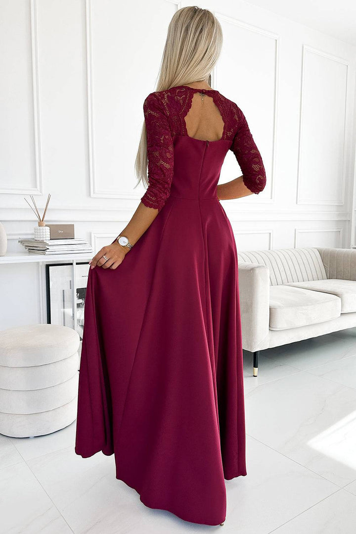 Numoco 309-9 AMBER elegant long maxi dress with lace neckline - burgundy-Shangri-La Fashion