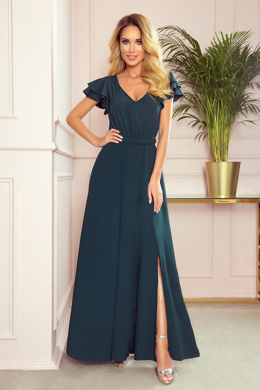 Numoco 310-1 LIDIA long dress with neckline and frills - green-0