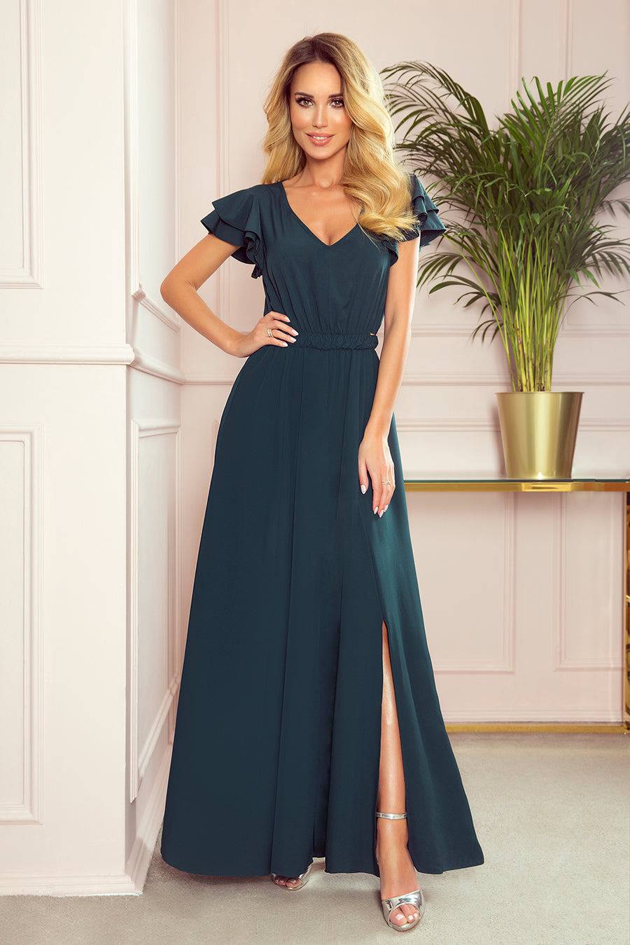 Numoco 310-1 LIDIA long dress with neckline and frills - green-Shangri-La Fashion