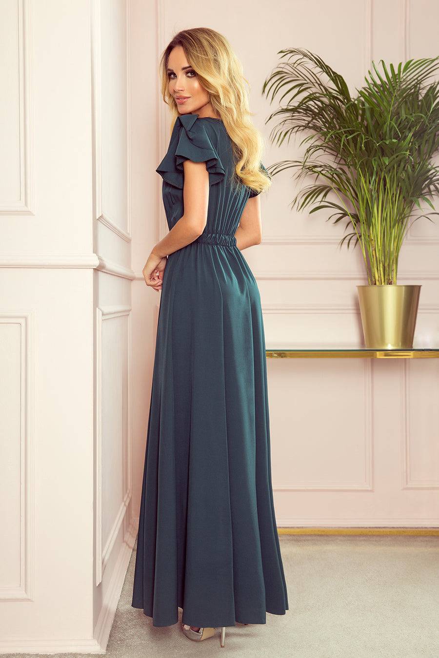 Numoco 310-1 LIDIA long dress with neckline and frills - green-Shangri-La Fashion