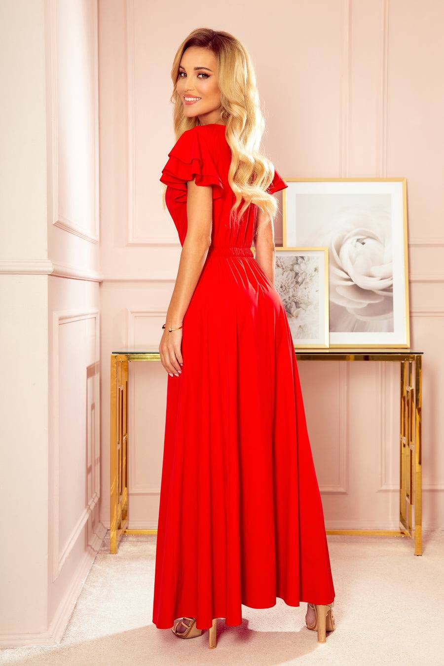 Numoco 310-2 LIDIA long dress with neckline and frills - red-Shangri-La Fashion