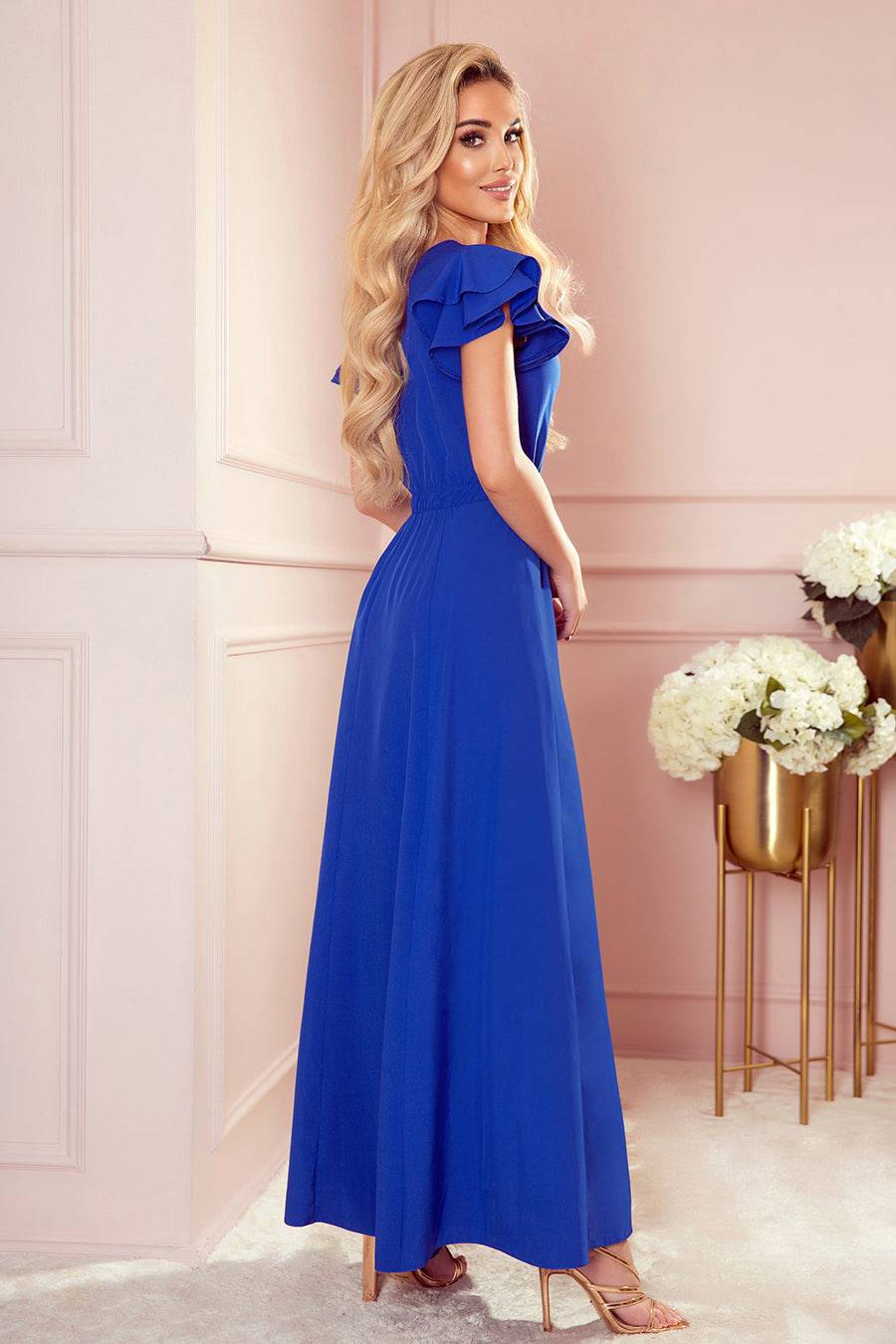 Numoco 310-3 LIDIA long dress with neckline and frills - Royal Blue-Shangri-La Fashion