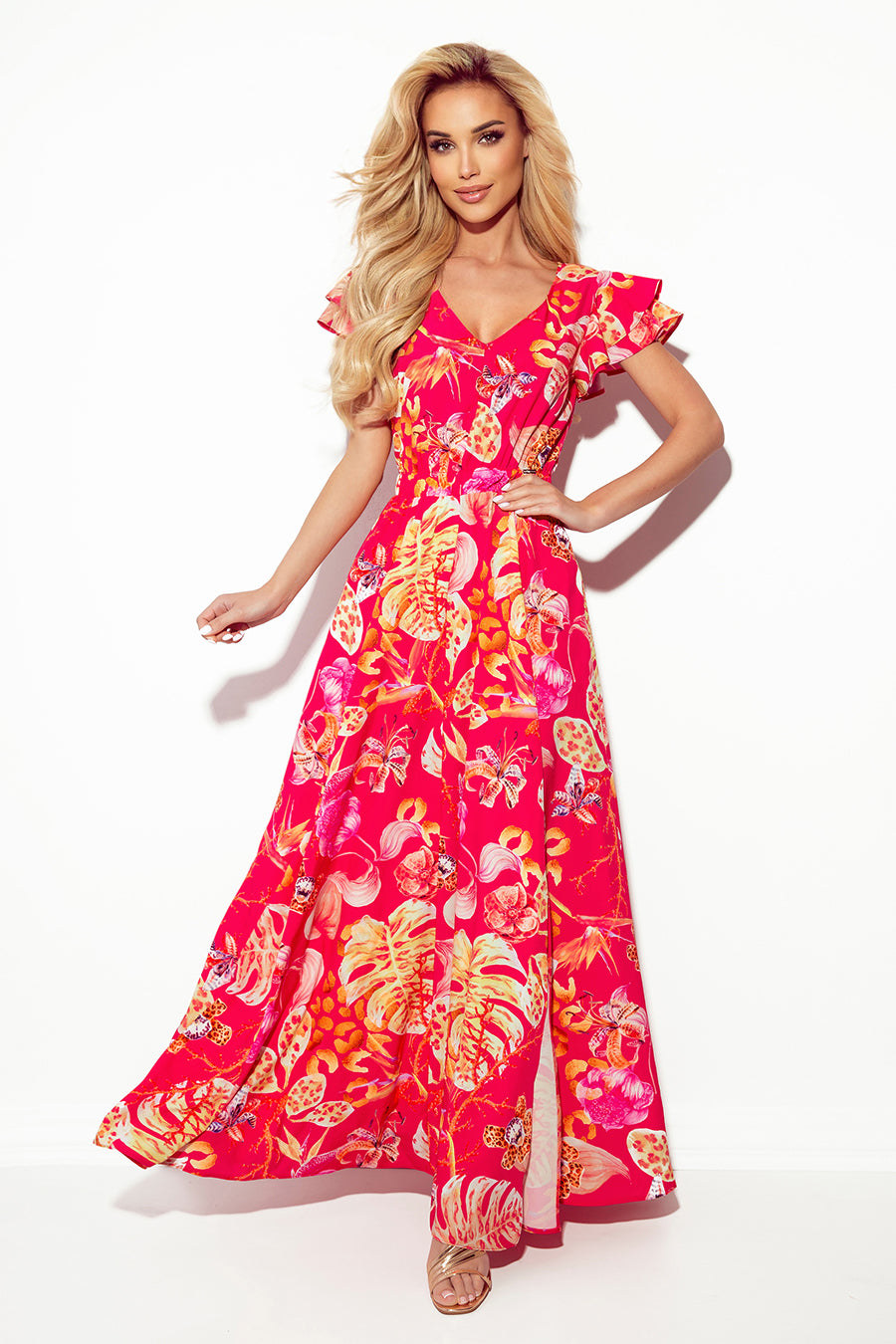 Numoco 310-4 LIDIA long dress with neckline and frills - pink with flowers-0