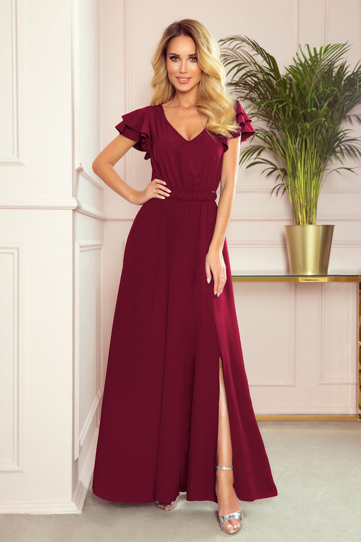 Numoco 310-5 LIDIA long dress with a neckline and frills - burgundy color-0