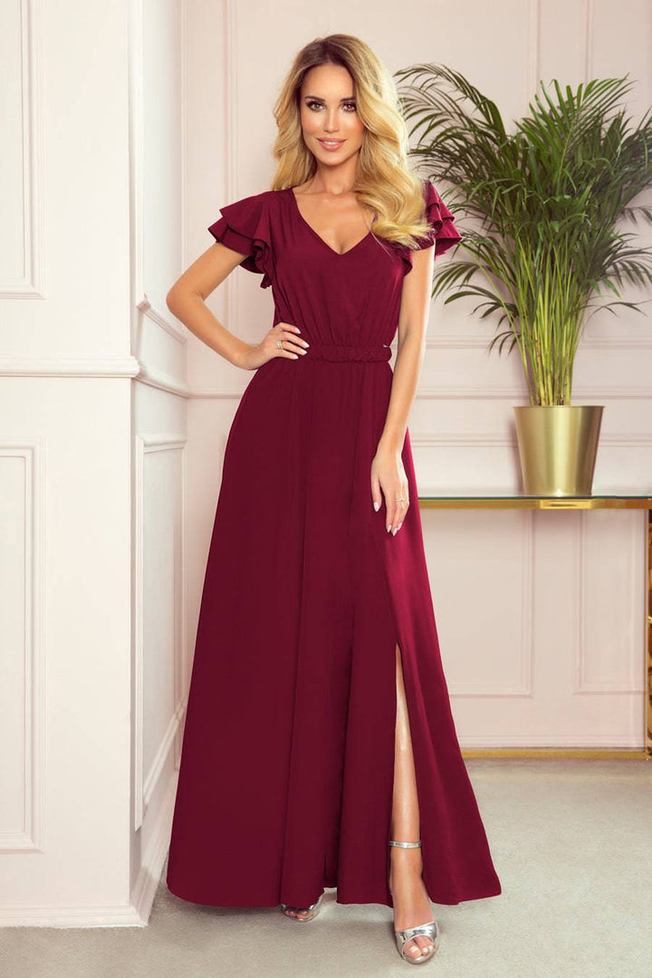 Numoco 310-5 LIDIA long dress with a neckline and frills - burgundy color-Shangri-La Fashion