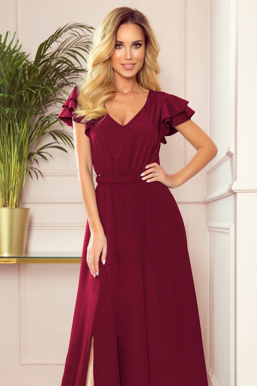 Numoco 310-5 LIDIA long dress with a neckline and frills - burgundy color-Shangri-La Fashion