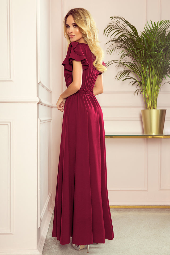 Numoco 310-5 LIDIA long dress with a neckline and frills - burgundy color-1