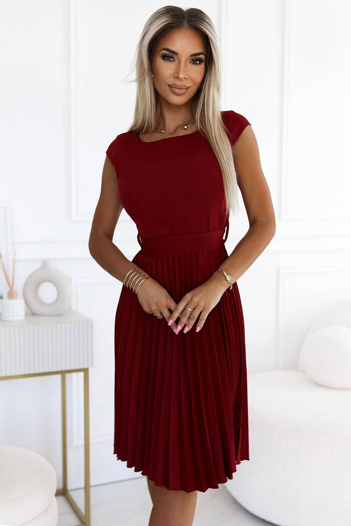 Numoco 311-15 LILA Pleated dress with short sleeves - color burgundy-Shangri-La Fashion