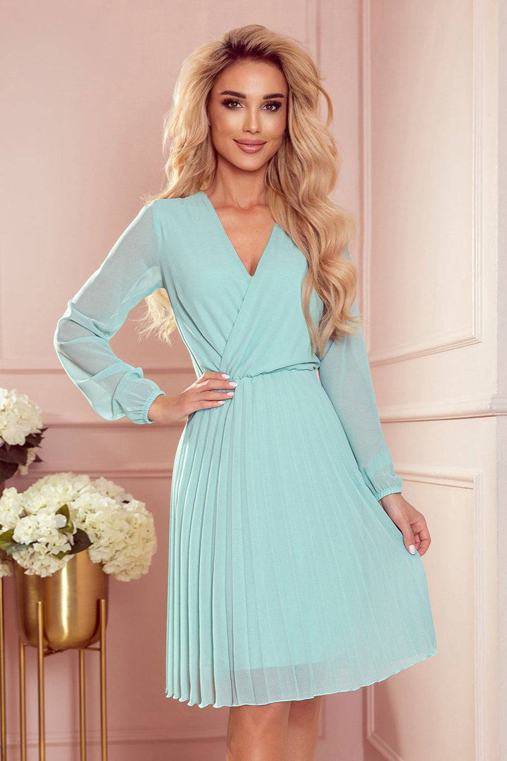 Numoco 313-12 ISABELLE Pleated dress with neckline and long sleeve - mint-Shangri-La Fashion