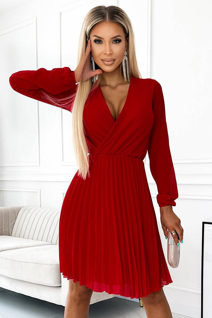 Numoco 313-13 ISABELLE Pleated dress with long sleeves and envelope neckline - red-Shangri-La Fashion