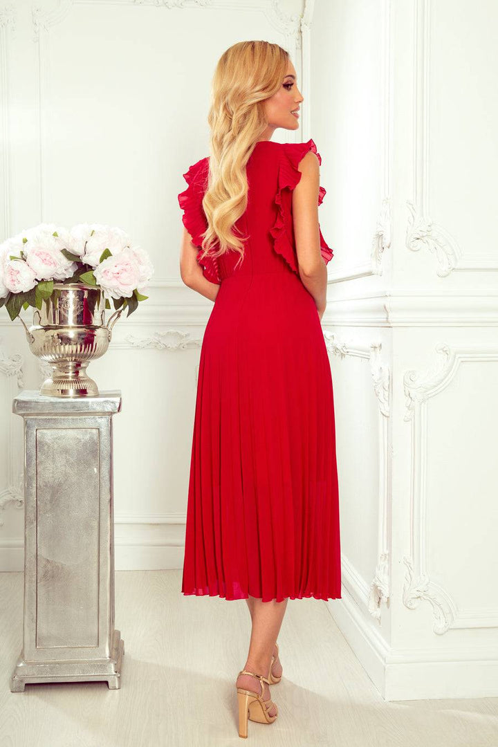 Numoco 315-3 EMILY Pleated dress with frills and neckline - red-Shangri-La Fashion