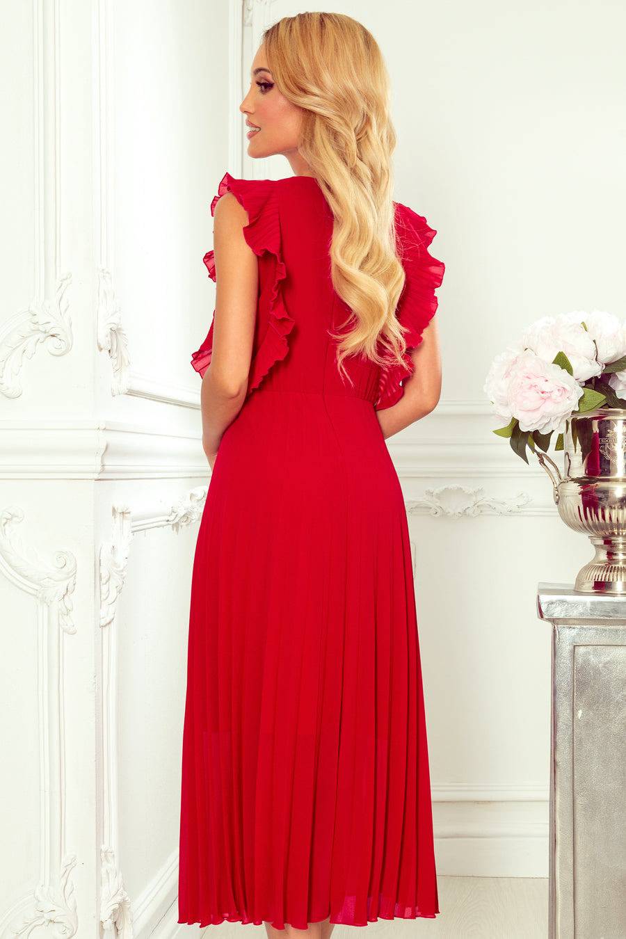 Numoco 315-3 EMILY Pleated dress with frills and neckline - red-Shangri-La Fashion